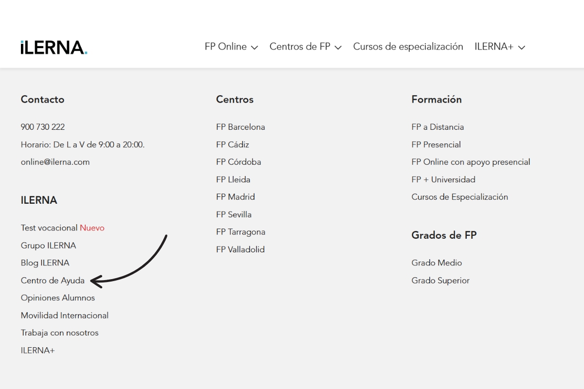 Imagen que muestra cómo acceder al centro de ayuda desde la parte inferior de la web de iLERNA