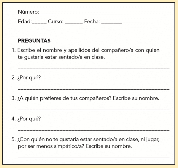 Ejemplo de test sociométrico que podría pasarse al grupo clase.  